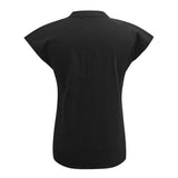 Back view of BreezyLuxe™ Cotton Linen V-Neck Blouse in black, featuring cap sleeves and a regular fit.