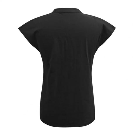 Back view of BreezyLuxe™ Cotton Linen V-Neck Blouse in black, featuring cap sleeves and a regular fit.