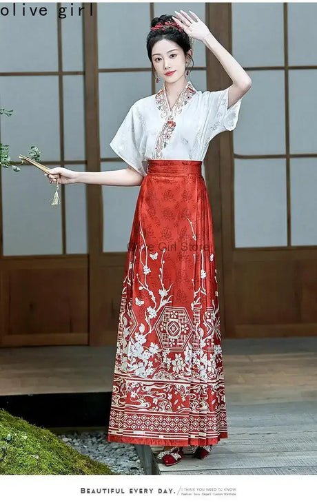Traditional Hanfu oversized embroidered blouse with red skirt, designed for women by Olive Girl, showcasing intricate patterns.