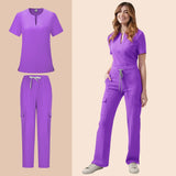 Women's Medical Scrub Set in purple featuring a pocket top and pants, ideal for hospital and beauty salon use.