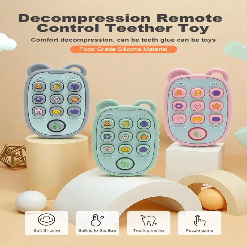 Colorful decompression remote control teether toy made of food-grade silicone for infants.