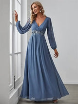 Women Elegant Evening Dress Long Sleeve A-Line Maxi