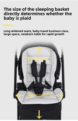 Highview Baby Stroller sleeping basket with long seats for comfort and growth, suitable for newborns to toddlers.