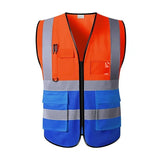 Unisex multi-pocket safety vest in orange and blue, featuring reflective stripes and breathable fabric for utility workwear.