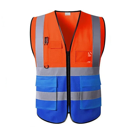 Unisex multi-pocket safety vest in orange and blue, featuring reflective stripes and breathable fabric for utility workwear.
