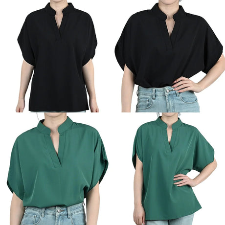 FlareFemme V-Neck summer blouse shown in black and green with short flare sleeves, perfect for middle-aged women.