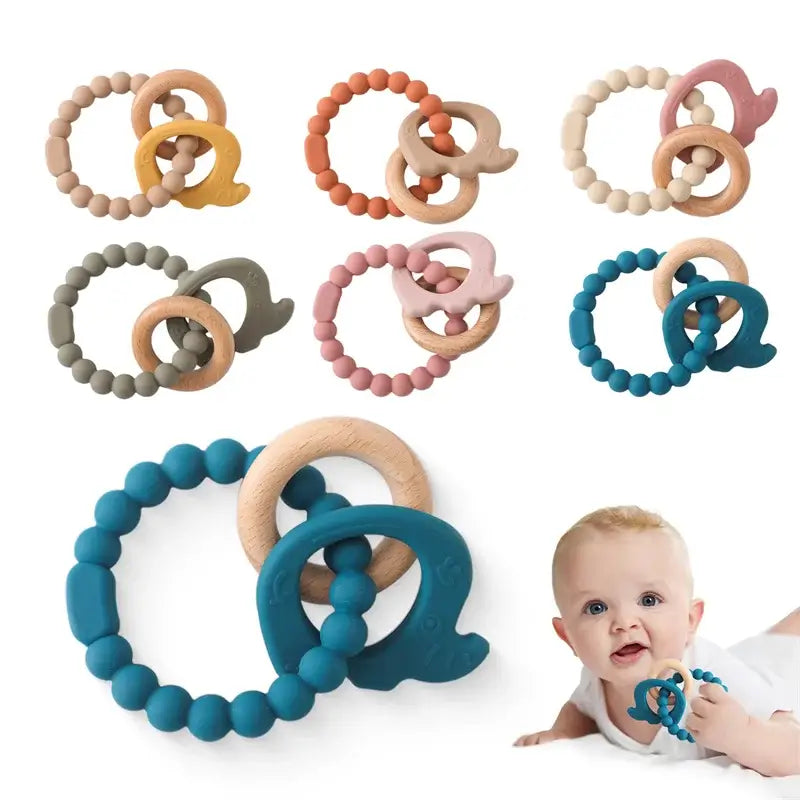 Colorful baby teether gloves made of 100% silicone material, designed for infants to relieve teething pain.