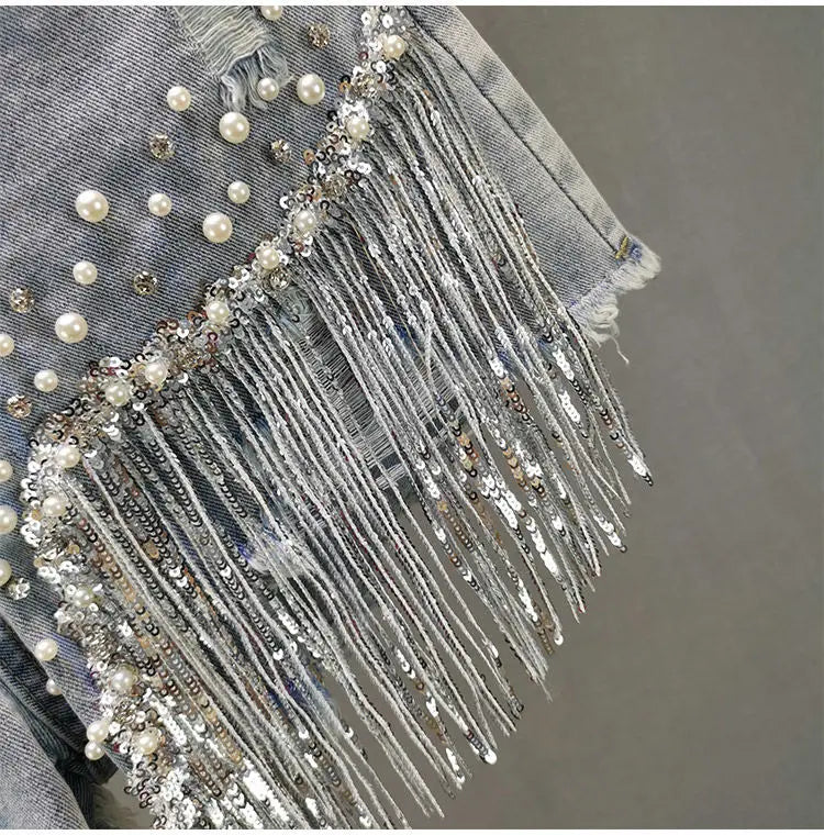 GlamBeads™ – Beaded Sequin Denim Shorts (Fringed, Broken Copper Style)