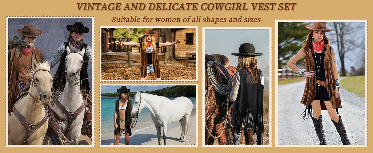 Vintage cowgirl vest set featuring women in diverse outfits with horses, showcasing style for all shapes and sizes.