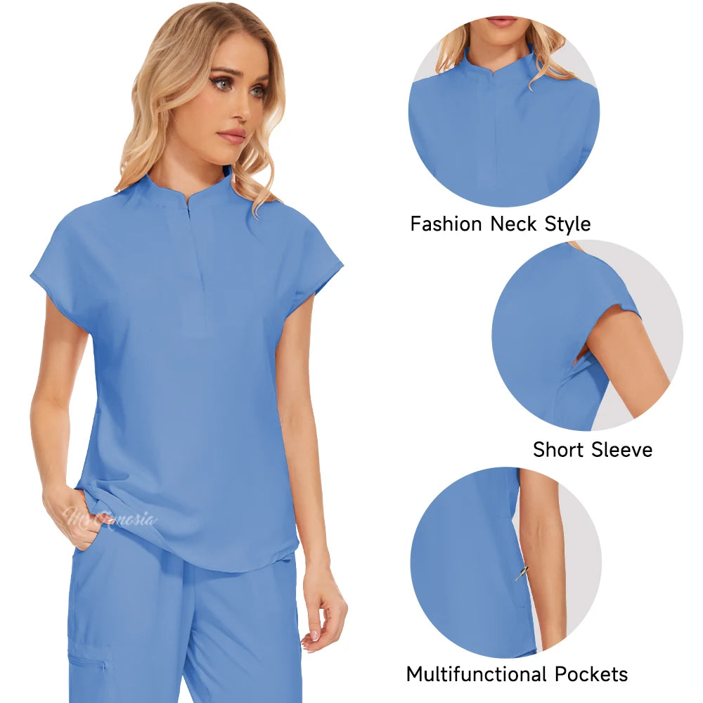 Women’s blue medical workwear set featuring fashion neck style, short sleeves, and multifunctional pockets.