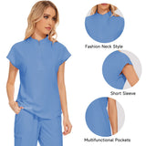 Stylish blue elastic medical scrub top showcasing fashion neck style, short sleeves, and multifunctional pockets.