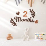 2 Months milestone card display with soft felt leaves, blocks, a bunny toy, and a festive cake backdrop.