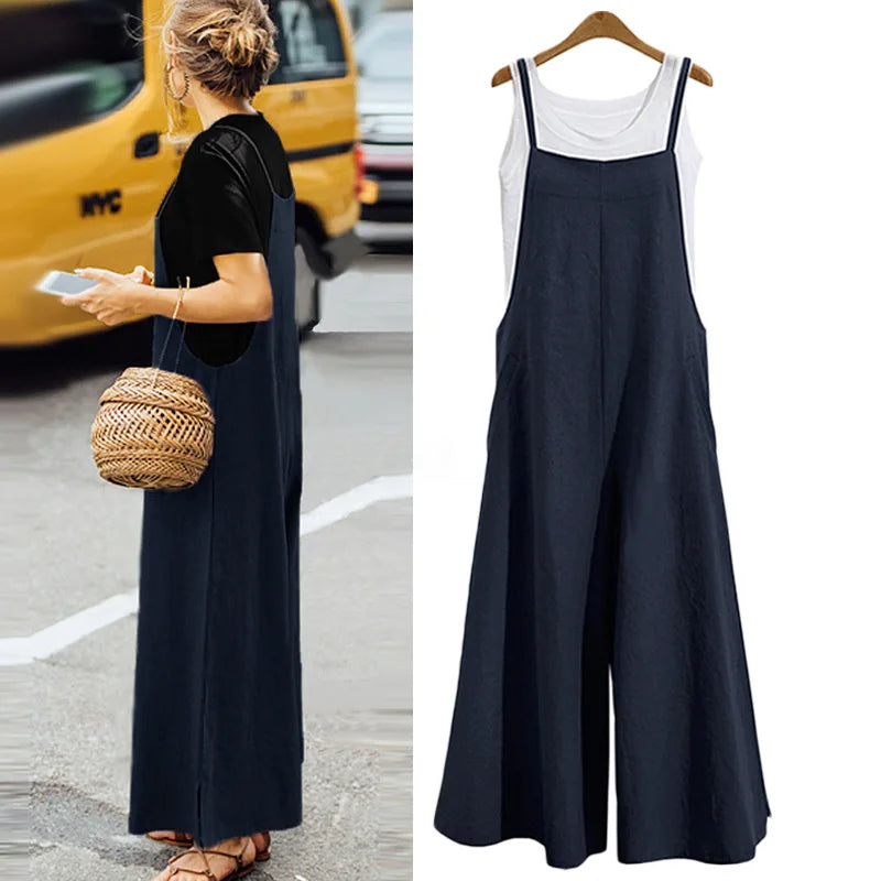 Women Wide Leg Cotton Linen Jumpsuit