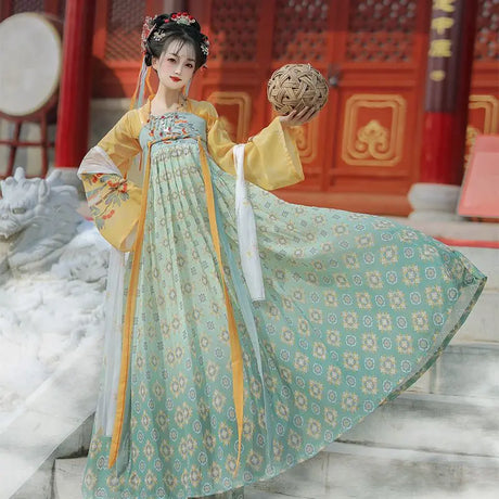 Beautiful woman in Tang Suit Hanfu dress, showcasing flowing fabric and traditional style, ideal for Halloween cosplay.