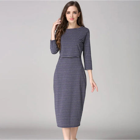 Postpartum nursing maternity dress with 3/4 sleeves and striped pattern, ideal for breastfeeding.