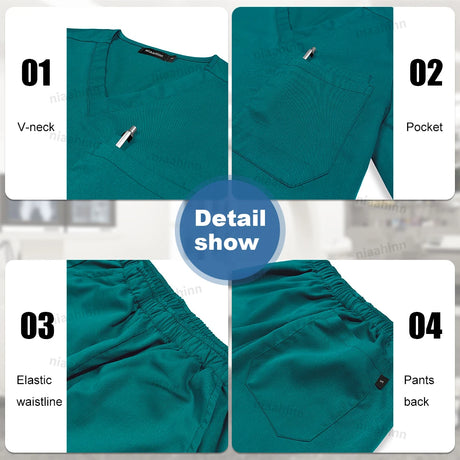 Multicolor surgical gown features: V-neck, pocket, elastic waistband, and pants back detail.