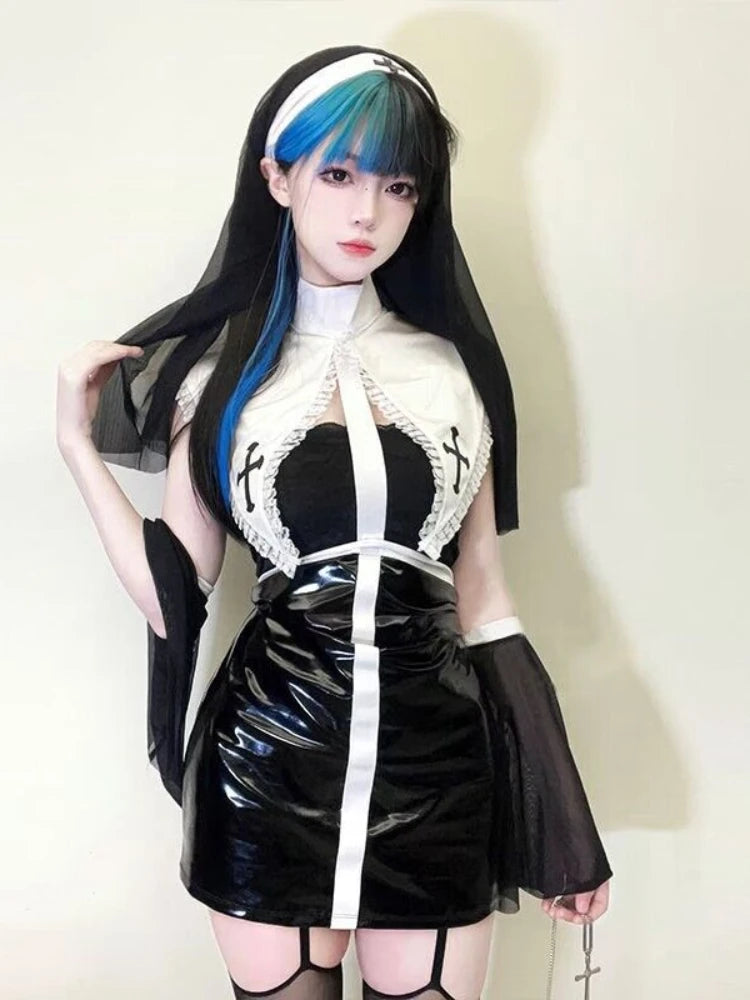 Sexy Anime Nun Leather Cosplay Outfit