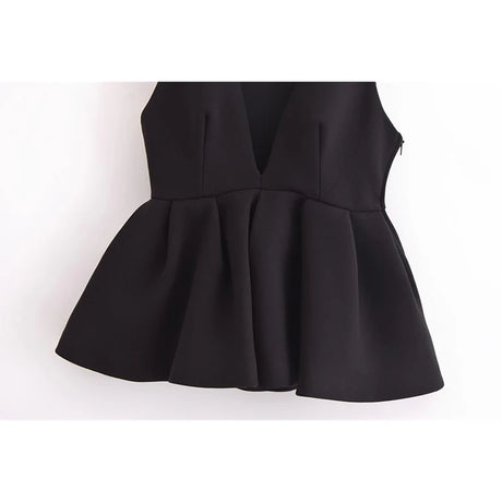 Elegant black V-neck tank top with pleated design, perfect for autumn party wear.