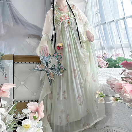Vintage Chinese style Hanfu dress in light green with floral details, perfect for traditional clothing enthusiasts.