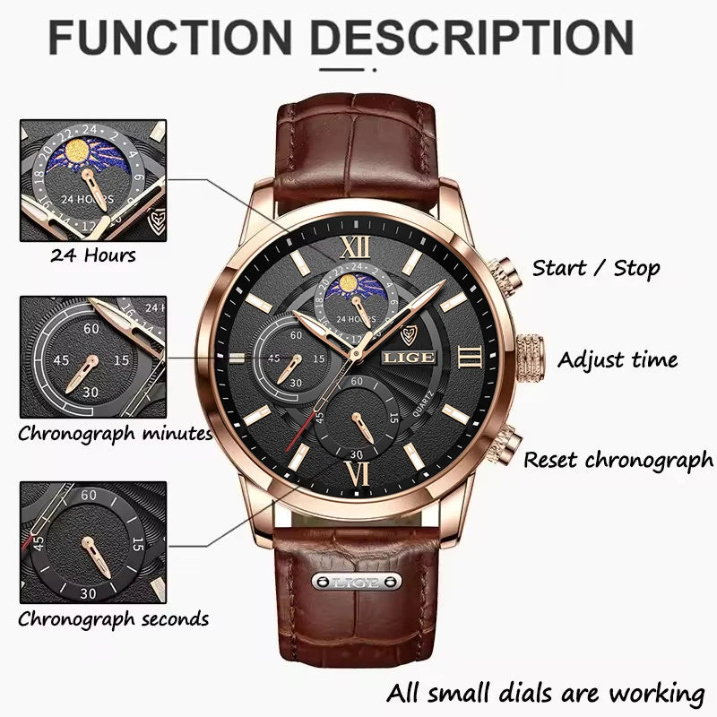LIGE Men’s Leather Quartz Sports Watch
