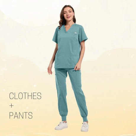 Multicolor scrub set featuring short sleeve top and pants for women, ideal for medical and beauty professionals.