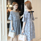 Loose Korean cartoon cat maternity dress in blue, featuring a boat neck and short sleeves, ideal for summer wear.