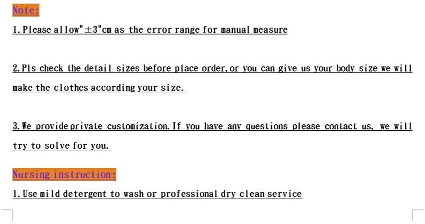 Text note providing sizing and nursing instructions for a clothing item, emphasizing customization and care guidelines.