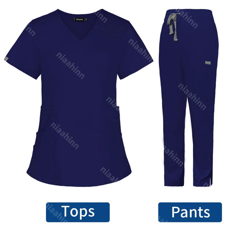 Solid color veterinary scrub set featuring a V-neck top and elastic waist pants in navy blue.