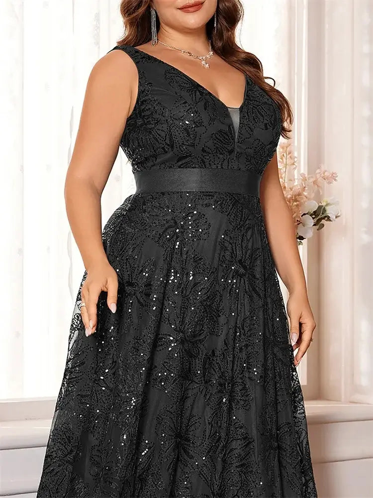 Women Plus Size V-Back Sequin Evening Cocktail Dress