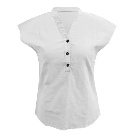 BreezyLuxe™ Cotton Linen V-Neck Blouse in white, designed for juniors age 18-35, perfect for summer wear.
