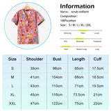 Colorful printed nursing scrub top for women, short sleeve, made of 100% cotton, available in various sizes S-XXL.