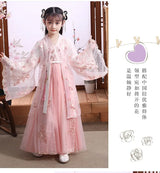 Modern Fairy Hanfu Girls Cosplay Dress in pink, featuring delicate embroidery and flowing sleeves for kids.