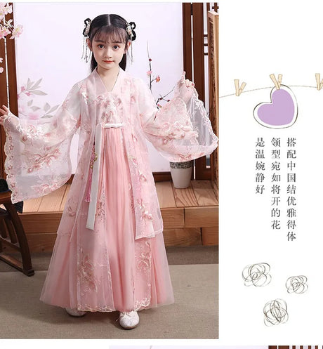 Modern Fairy Hanfu Girls Cosplay Dress in pink, featuring delicate embroidery and flowing sleeves for kids.
