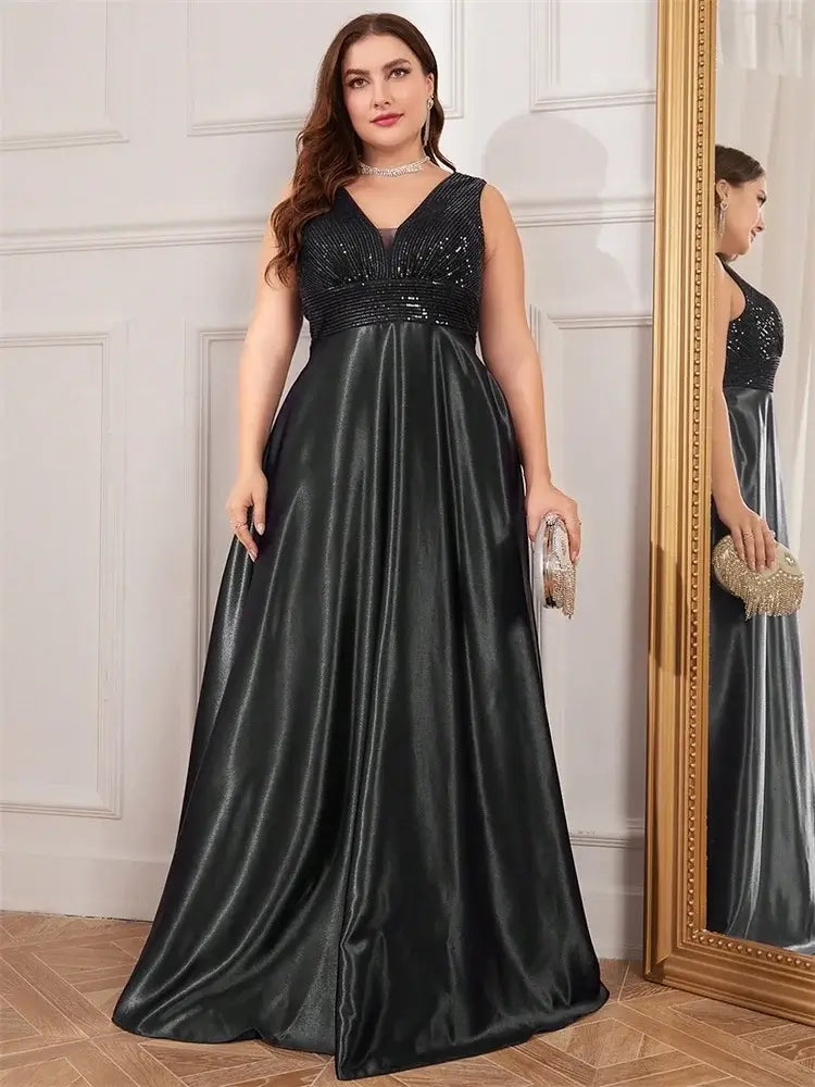 Women Plus Size Satin Sequin Evening Dress Long Prom Gown