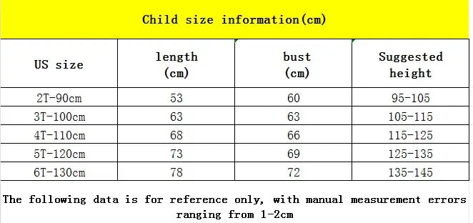 Child size chart for girls summer dresses, including length, bust, and suggested height for ages 2-6.