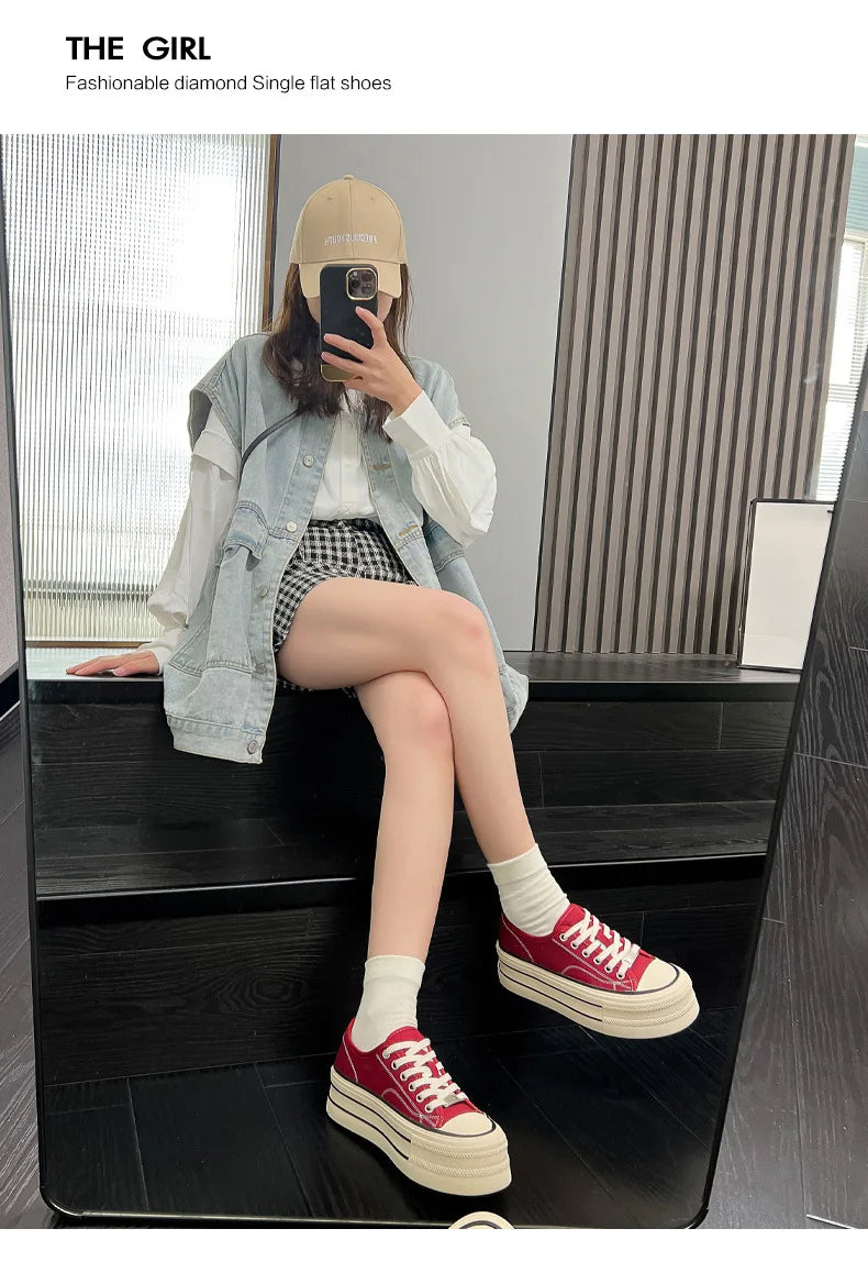 Women Canvas Shoes Black White Platform Sneakers