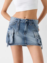 Women Denim Cargo Mini Skirt
