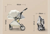 Dimensions of a foldable twin baby stroller, showcasing its compact design and features.