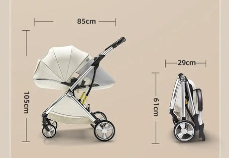 Dimensions of a foldable twin baby stroller, showcasing its compact design and features.