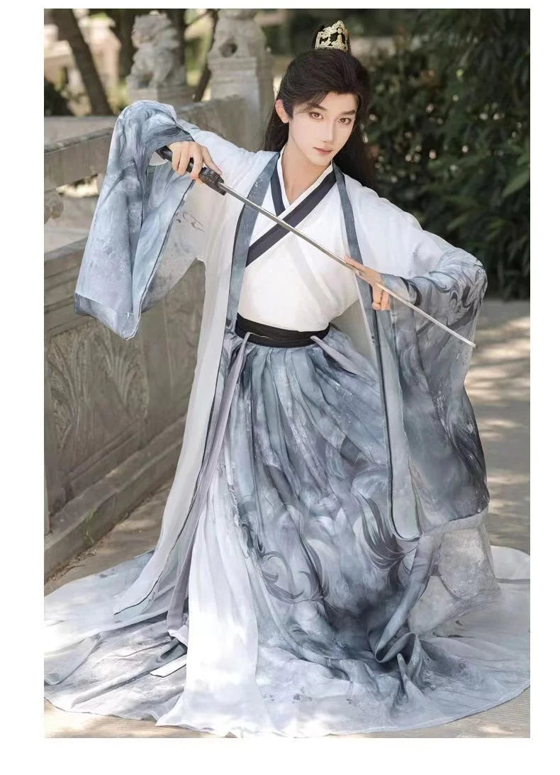 Men’s Martial Arts Hanfu – elegant cross collar outfit in traditional ink style, showcasing sword movement and fluid fabric.