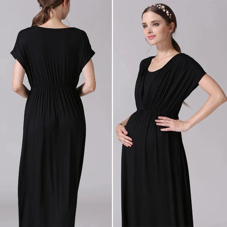Soft fabric black maternity dress for nursing, featuring a comfortable and stylish design by Emotion Moms.
