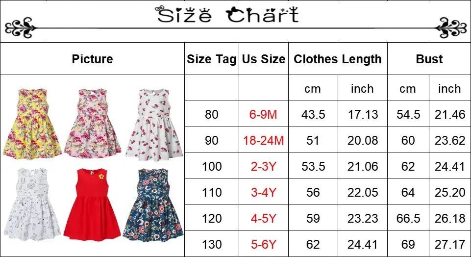 Size chart for 2025 Spring Summer Girl Vest Dress, showing US sizes and measurements for children aged 6 months to 6 years.
