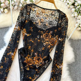 Women Square Neck Mesh Print Bodysuit