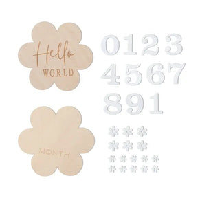 Wooden baby milestone flowers with engraved 'Hello World' and 'Month' text, and numeric and floral accent pieces.