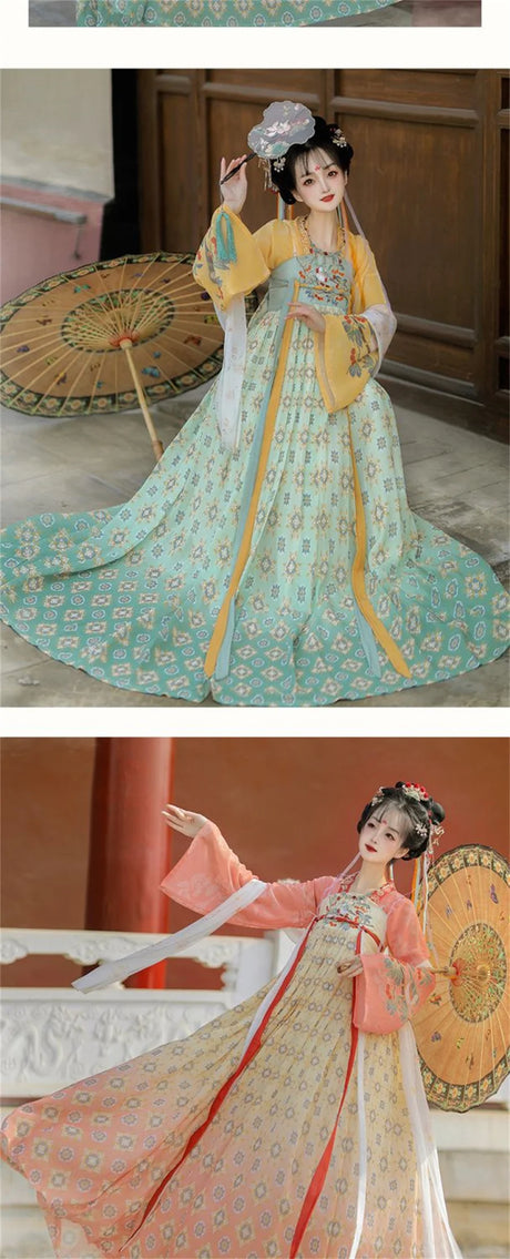 Women wearing Tang Suits Hanfu in colorful cosplay dresses for Halloween, showcasing traditional Chinese attire and patterns.