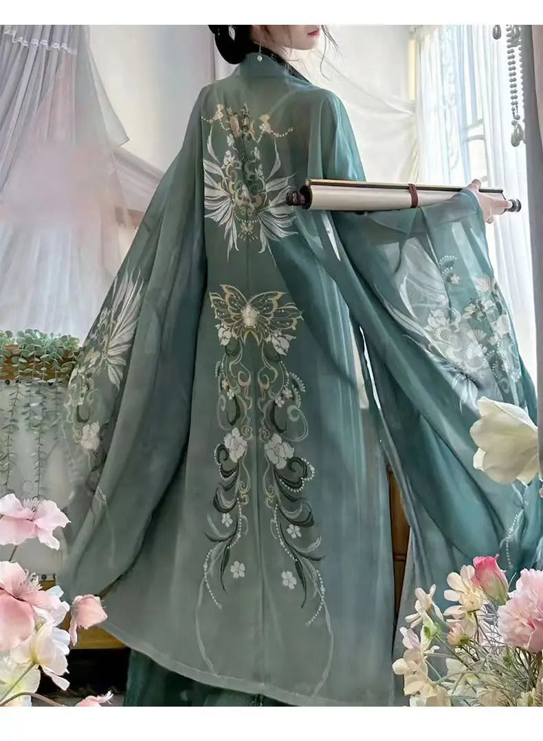 Song Dynasty Hanfu Set featuring elegant butterfly and floral prints on a flowy chiffon fabric.