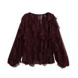 Rufflynn™ – Translucent Ruffle Blouse (V-Neck, Hollow-Out Chic for Spring/Summer)