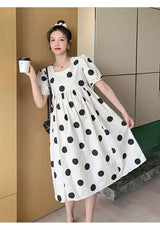 Polka dot loose maternity dress in black and white, perfect for summer. Casual style and mid-calf length, ideal for all seasons.