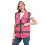 High visibility pink safety vest with reflective tape for women, ideal for construction and emergency work.