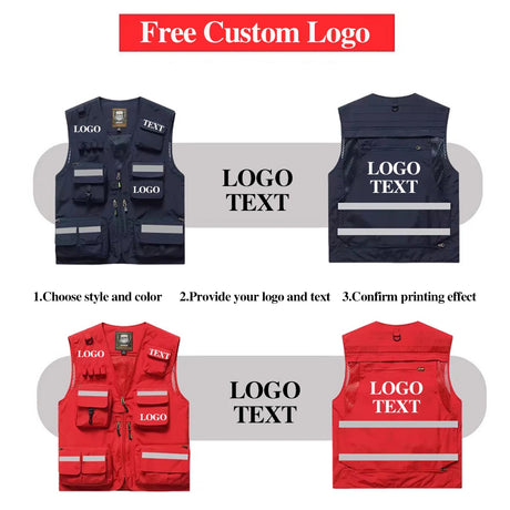 Customizable vests showcasing logo options, styles, and colors for personalized branding and safety features.